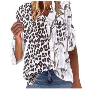 tendency nwt oversized button up tee shirt with pocket leopard print chain XXL